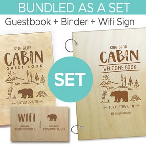 AirBNB Welcome Book Bundle, Bear, Cabin Binder + Guest Book Set+ Wifi Sign, Mts, Vacation Home Rental, VRBO 9.5x11.5 Personalized