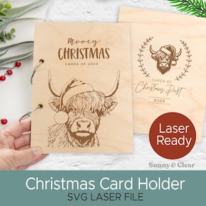 Highland Cow SVG Laser File Farmhouse Decoração de Natal Organizador de Cartão de Natal Personalizado Exibição de Cartão de Madeira Decoração de Casa Presente para Mãe Natal