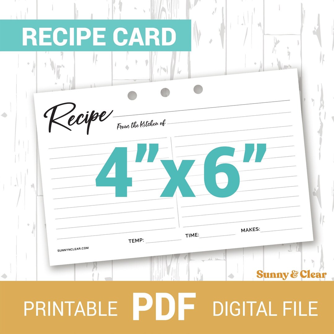 PDF 4x6 Recipe Card, Minimal Design, Printable, With or Without Hole ...