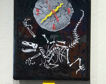 Dinosaur Fossil #2 Fused glass pendulum wall clock