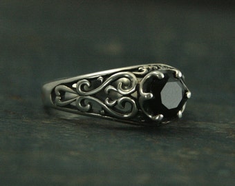 Onyx Filigree Silver Ring--Maleficent--Antique Style Ring--Vintage Style Ring--Promise Ring--Cocktail Ring--Black Solitaire Ring