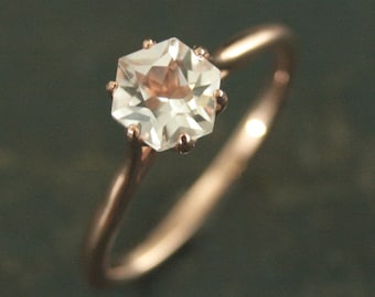 10K Hexagon Solitaire American Mined Arkansas Ice Quartz Rose Gold Solitaire Unique Engagement Ring Geometric Ring Hexagon Stone Ring