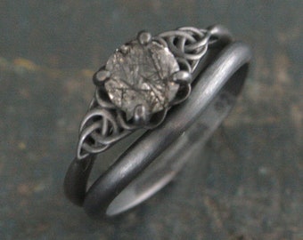 Unique Bridal Set Celtic Trinity Knot Ring Black Rutilated Quartz Ring Set Oxidized Black Silver Black Tourmalinated Quartz Bridal Ring Set