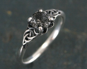 Celtic Ring with Black Rutilated Quartz Ring Celtic Knot Engagement Ring Scottish Ring Irish Ring Black Tourmalinated Quartz Ring