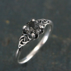 Celtic Ring with Black Rutilated Quartz Ring Celtic Knot Engagement Ring Scottish Ring Irish Ring Black Tourmalinated Quartz Ring