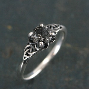 Celtic Ring with Black Rutilated Quartz Ring Celtic Knot Engagement Ring Scottish Ring Irish Ring Black Tourmalinated Quartz Ring