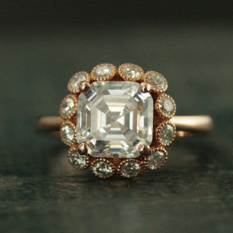 Asscher Cut Ring Halo Setting 14K Rose Gold Engagement Ring Forever One Moissanite Ring Diamond Ring One of a Kind Engagement Ring image 1