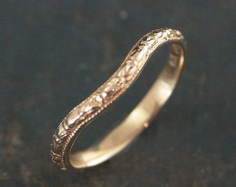 14K Contoured Ehering Dünne Renaissance Gold Gebogener Ring Contour Ehering Orange Blüte Gold Gemusterter Ring Weiche Kurve Frauen Band