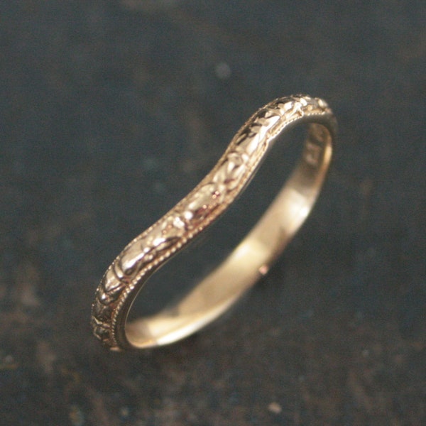 14K Contoured Wedding Band Thin Renaissance Gold Curved Ring Contour Wedding Ring Orange Blossom Gold Patterned Ring Soft Curve Women's Band