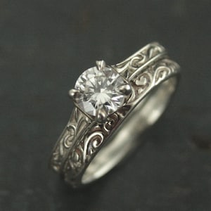 Art Nouveau Engagement Ring Set Elegant Ring Flourish Cathedral Solitaire Vintage Style Rings Silver Bridal Set Art Nouveau Bridal Rings