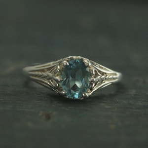 Aurora Sky Blue Topaz Ring Sterling Silver Engagement Ring Vintage Design Ring Antique Style Ring Victorian Style Filigree Ring