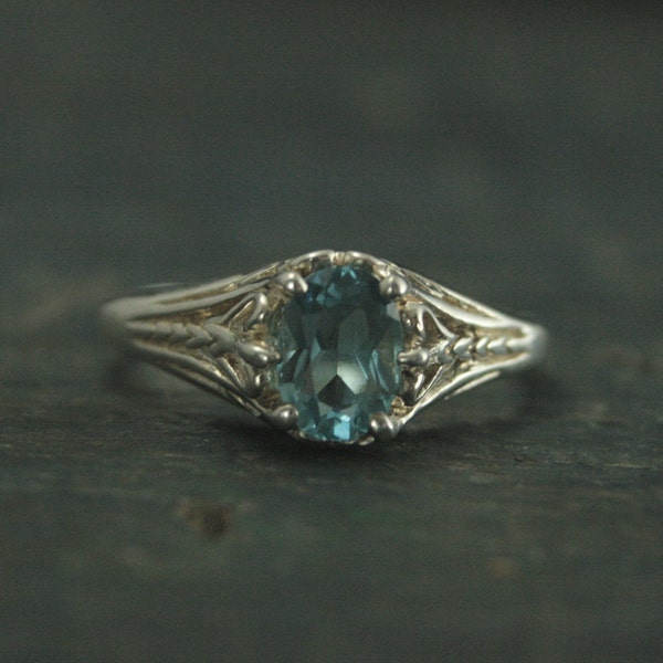 Aurora--Sky Blue Topaz Ring--Sterling Silver Engagement Ring--Vintage Design Ring--Antique Style Ring--Victorian Style Filigree Ring
