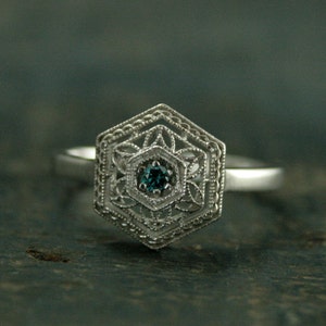 The Frozen Ring--White Gold Blue Diamond Art Deco Ring--Teal Blue Diamond--Snowflake Ring--Art Deco Design--Right Hand Ring--Promise Ring