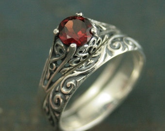 Garnet Bridal Ring Set The Cinderella Silver Antique Style Engagement Ring and Flourish Wedding Band Set Mozambique Garnet Ring Set Filigree