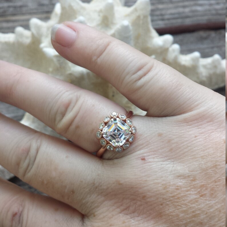 Asscher Cut Ring Halo Setting 14K Rose Gold Engagement Ring Forever One Moissanite Ring Diamond Ring One of a Kind Engagement Ring image 7