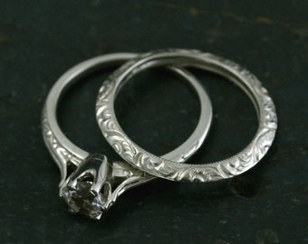 SALE Atlantean Bridal Set Ariel's Ring Set Sterling Silver Engagement Ring and Band--Vintage Style Bridal Set--Engraved Knife Edge Band