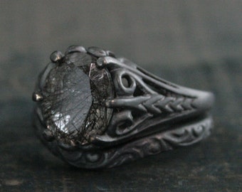 Black Tourmalinated Quartz Ring Black Rutilated Quartz Large 8x10 Oval Black Wicked Fairy Black Silver Gothic Ring Unique Engagement Ring