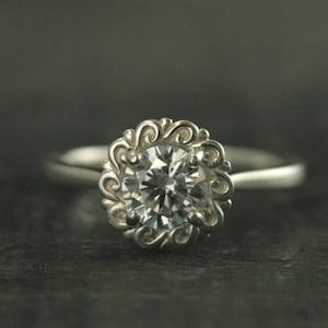 Sunburst Swirl Halo Engagement Ring Halo Solitaire Flourish Halo Ring Unique Engagement Ring Helios Silver Engagement Ring Cubic Zirconia