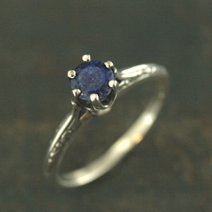 Lapis Engagement Ring Silver Ariel Ring Blue Stone Ring Denim Blue Stone Vintage Style Ring 6 Prong Setting Cathedral Solitaire Silver Ring