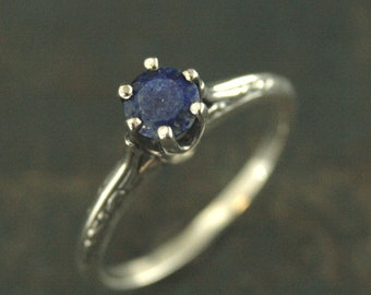 Lapis Engagement Ring Silver Ariel Ring Blue Stone Ring Denim Blue Stone Vintage Style Ring 6 Prong Setting Cathedral Solitaire Silver Ring