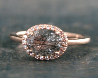 14K Rose Gold Rutilated Quartz Ring Halo Oval Black Tourmalinated Quartz Ring Unique Engagement Ring East West Oval Halo Ring Red Gold Rose