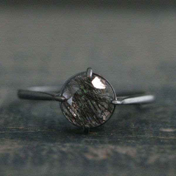 7mm Rutilated Quartz Ring Black Silver Filigree Ring NSEW Prongs Black Tourmalinated Quartz Ring Oxidized Silver Filigree Ring