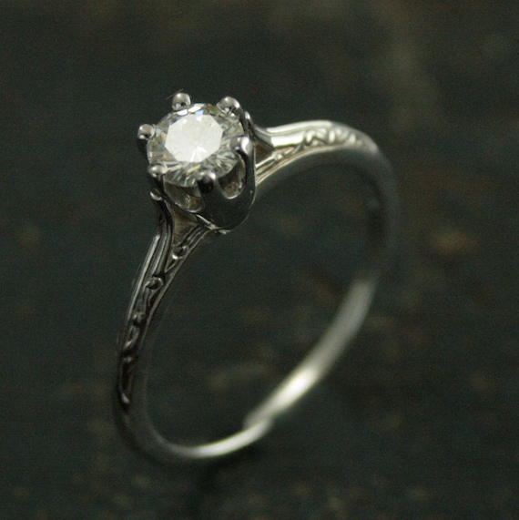 14K White Gold Engagement Ring--Ariel's Ring--Moissanite Engagement Ring--Vintage Style Six Prong Solitaire--Engraved Knife Edge Ring
