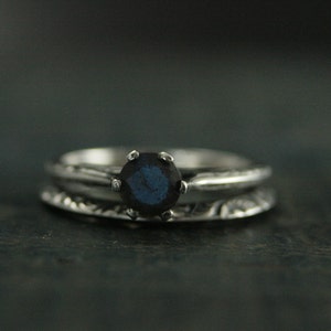 Atlantean Bridal Set Full Cut Labradorite Engagement Ring Set Sterling Silver Engagement Ring and Band Engraved Knife Edge Band Set