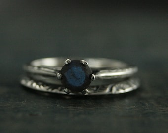 Atlantean Bridal Set Full Cut Labradorite Engagement Ring Set Sterling Silver Engagement Ring and Band Engraved Knife Edge Band Set