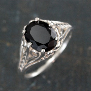 Onyx Ring Silver Filigree Ring 8 by 10 Oval Onyx Ring Dark Fairy Antique Style Ring Facetted Genuine Onyx Oval Ring Unique Engagement Ring