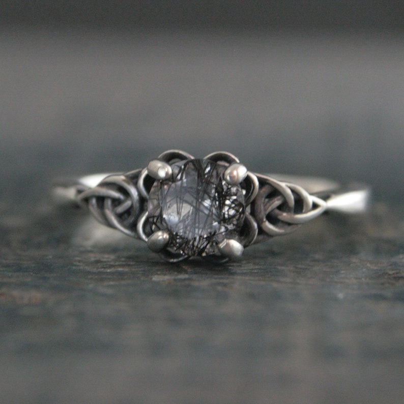 Black Tourmalinated Quartz Ring Celtic Ring Black Silver Ring Black Rutilated Quartz Ring Celtic Knot Ring Unique Engagement Ring Oxidized & Polished