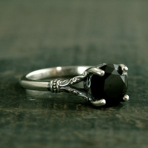 Black Onyx Ring Nordic Design Scrollwork Split Shank Solitaire Oxidized Silver Antiqued Ring Vintage Design Unique Engagement Ring Gothic