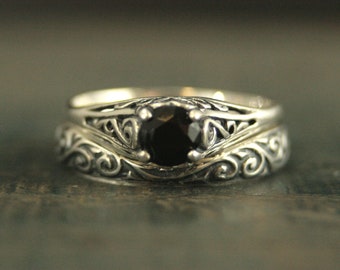 Gothic Bridal Set The Cinderella Bridal Ring Set Silver Antique Style Engagement Ring and Flourish Wedding Band Set Filigree Rings Onyx Ring
