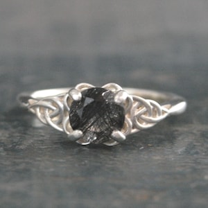 Black Tourmalinated Quartz Ring Celtic Ring Black Silver Ring Black Rutilated Quartz Ring Celtic Knot Ring Unique Engagement Ring Polished