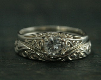 Classic Bridal Set The Cinderella Bridal Ring Set Silver Antique Style Engagement Ring and Flourish Wedding Band Set Filigree Rings