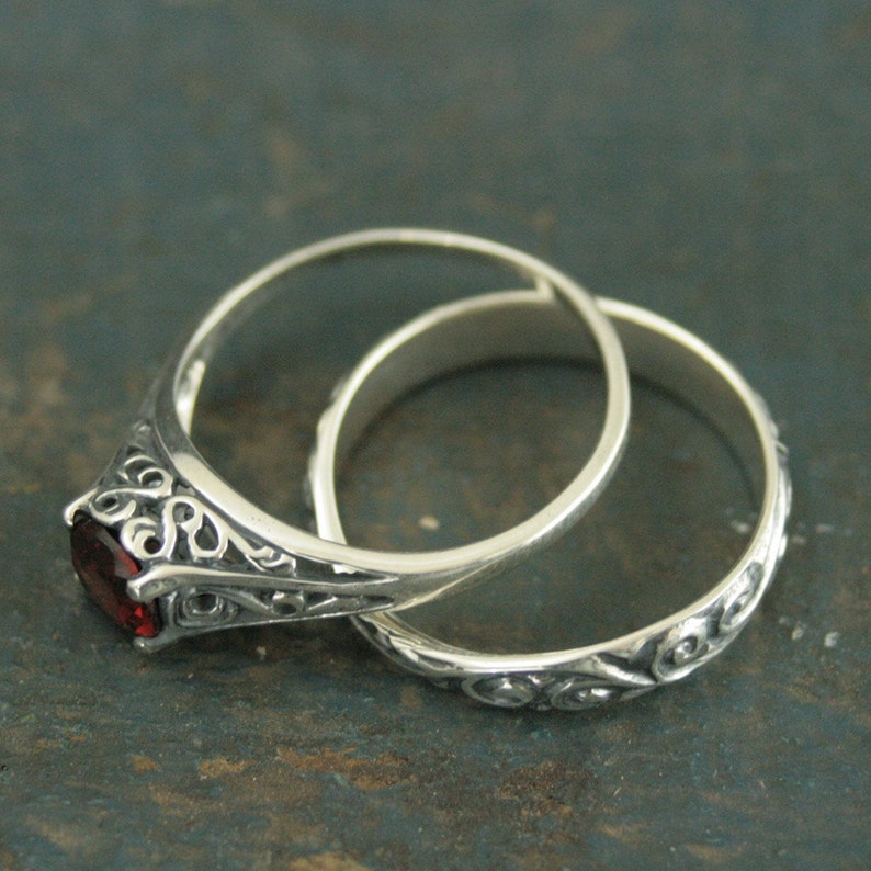 Garnet Bridal Ring Set The Cinderella Silver Antique Style Engagement Ring and Flourish Wedding Band Set Mozambique Garnet Ring Set Filigree image 2