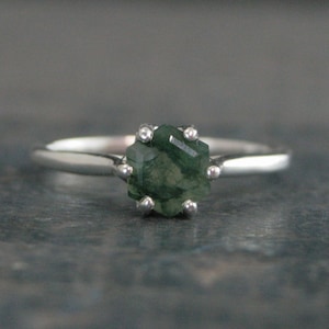Hexagon Moss Agate Ring Hexagonal Stone Ring Cathedral Solitaire Silver Ring Unique Stone Green Moss Agate Hexagon Cut Stone Ring