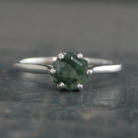 Hexagon Moss Agate Ring Hexagonal Stone Ring Cathedral Solitaire Silver  Ring Unique Stone Green Moss Agate Hexagon Cut Stone Ring
