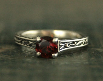 Flourish Cathedral Solitaire Ring Red Garnet Ring Antiqued Silver Sculptural Ring Genuine Mozambique Garnet January Birthstone Ring