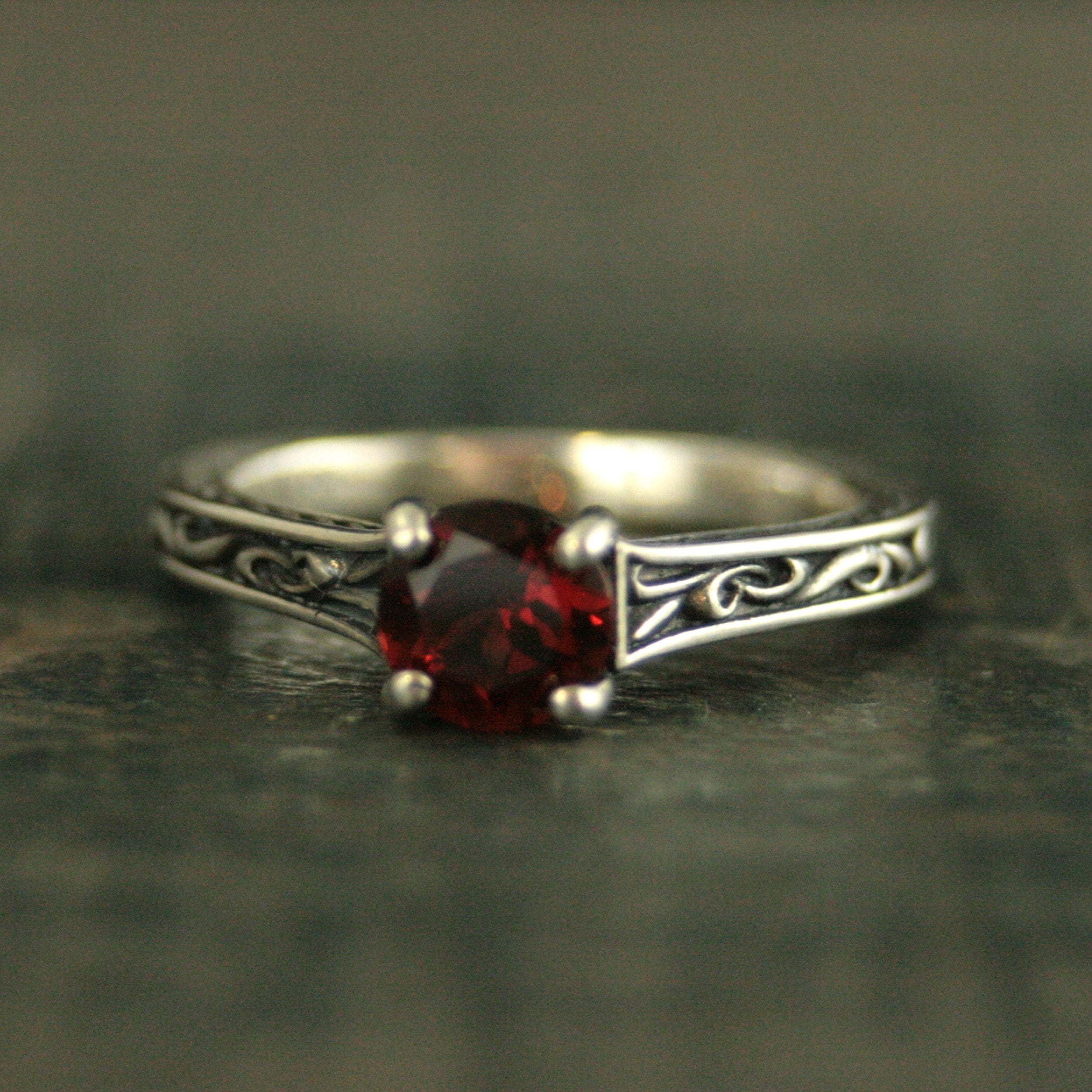 Flourish Cathedral Solitaire Ring Red Garnet Ring Antiqued Silver