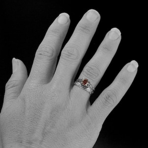 Garnet Bridal Ring Set The Cinderella Silver Antique Style Engagement Ring and Flourish Wedding Band Set Mozambique Garnet Ring Set Filigree image 4