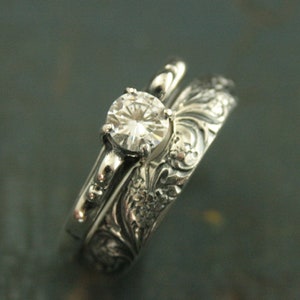 Silver Bridal Set Princess Swirl Engagement Ring with Contoured Floral Antique Style Band Vintage Style Bridal Set Bridal Bouquet Band