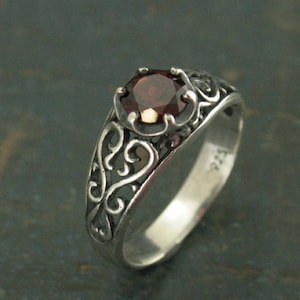 Garnet Ring Silver Filigree Ring Mozambique Garnet Red Ring Sweetheart Ring Promise Ring Maleficent's Heart Oxidized Antiqued Ring