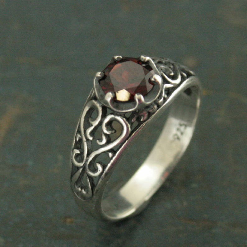 Garnet Ring Silver Filigree Ring Mozambique Garnet Red Ring Sweetheart Ring Promise Ring Maleficent's Heart Oxidized Antiqued Ring image 1