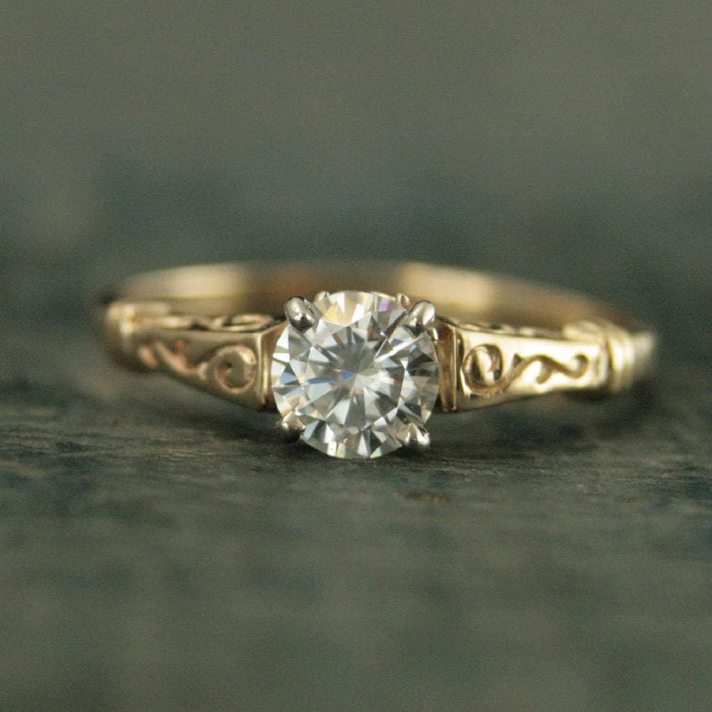 Antique Style Engagement Ring Eve 5mm Round Two Tone 14K Yellow