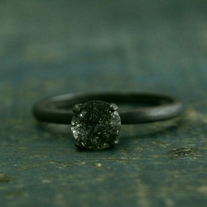 Flat Black Engagement Ring--Oxidized Black Ring--Rutilated Quartz Engagement Ring--Black Stone Ring--Dark Stone Engagement--Simple Black