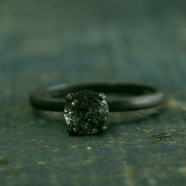 Flat Black Engagement Ring Oxidized Black Ring Rutilated Quartz Engagement Ring Black Stone Ring Dark Stone Engagement Simple Black