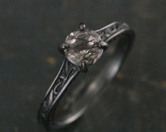 Black Rutilated Quartz Ring Gothic Vine Flourish Cathedral Oxidized Black Silver Ring Unique Engagement Ring Black Tourmalinated Quartz Ring