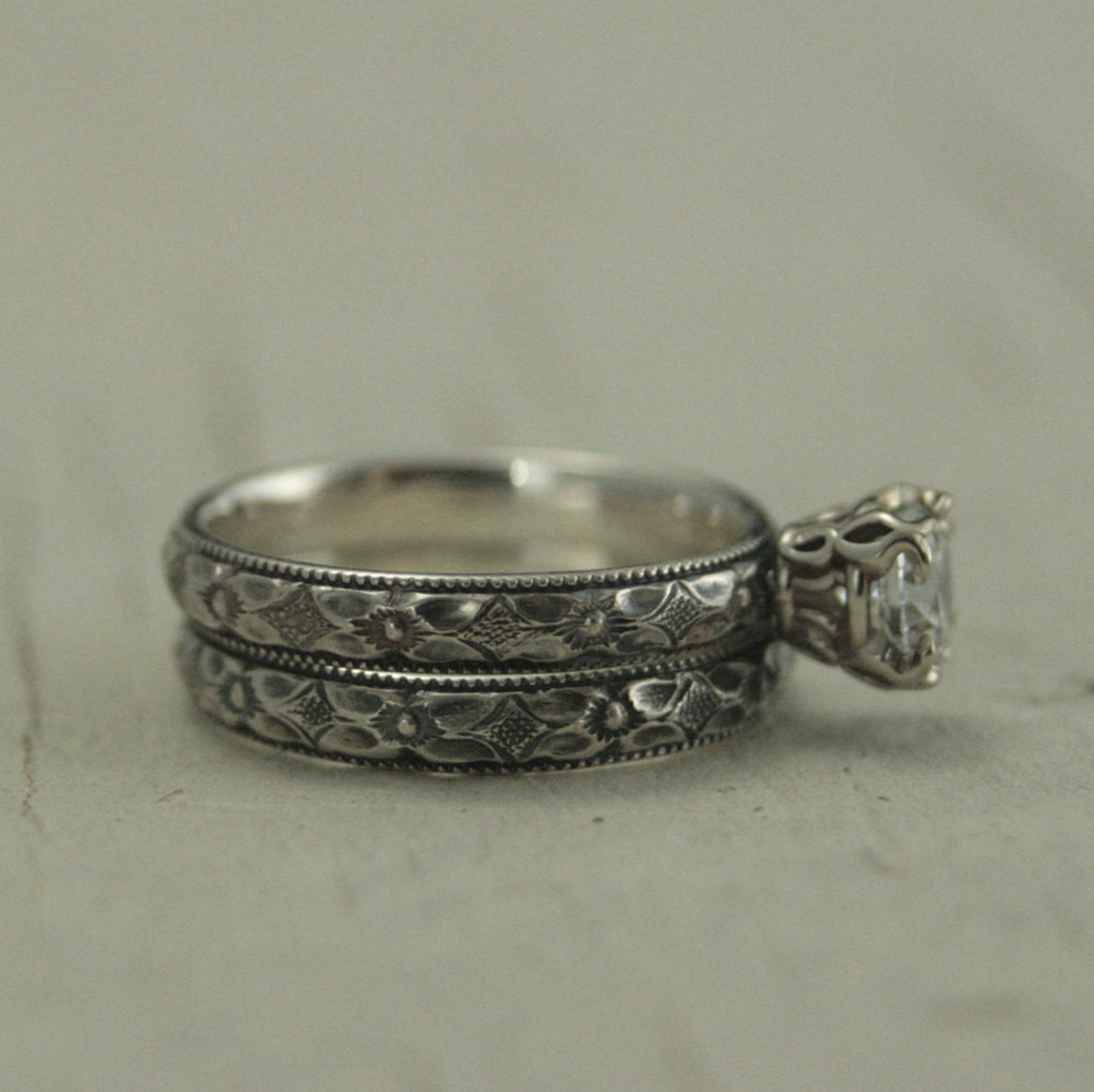 Silver Engagement Ring Renaissance Engagement Set White Topaz Sterling ...