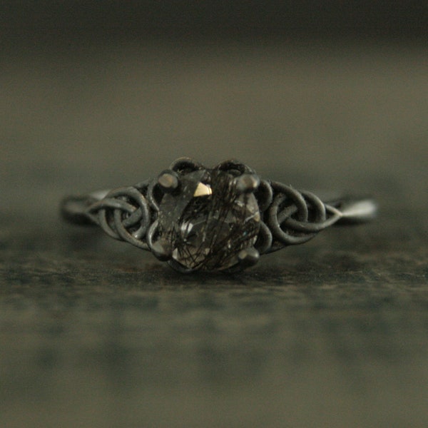 Black Tourmalinated Quartz Ring Celtic Ring Black Silver Ring Black Rutilated Quartz Ring Celtic Knot Ring Unique Engagement Ring